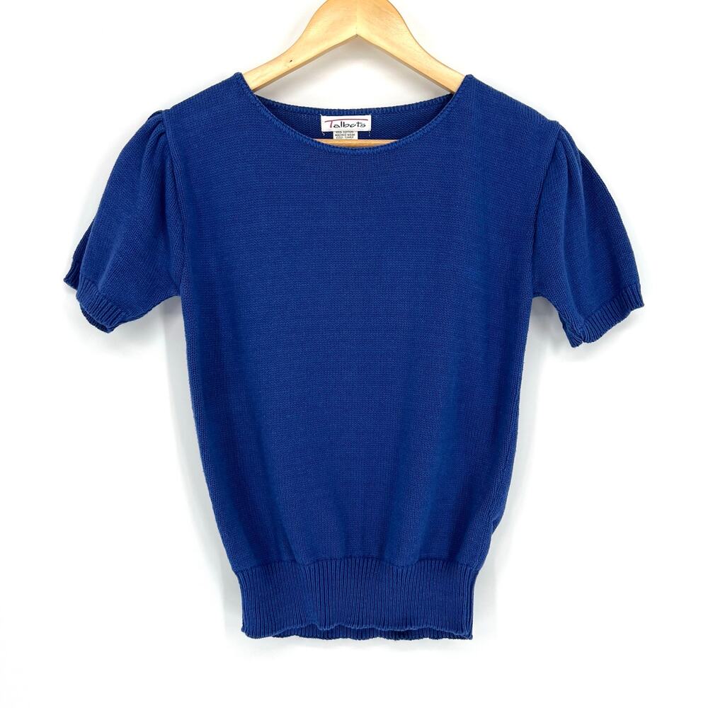 Talbots Vintage Cobalt Blue Puff Sleeve Knit Sweater Top Women’s Small